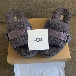 Gray Ugg Fluffita Metal Buckle Slides, size 7 Women, NIB